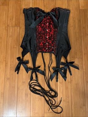 Women’s Black and Red Sequin Corset Costume Top with Bows Small